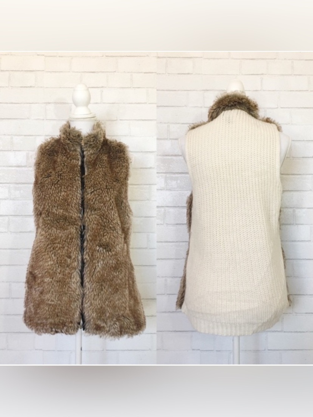 Brown Faux Fur & Cream Sweater Combo Mock Neck Zip Up Vest Jacket